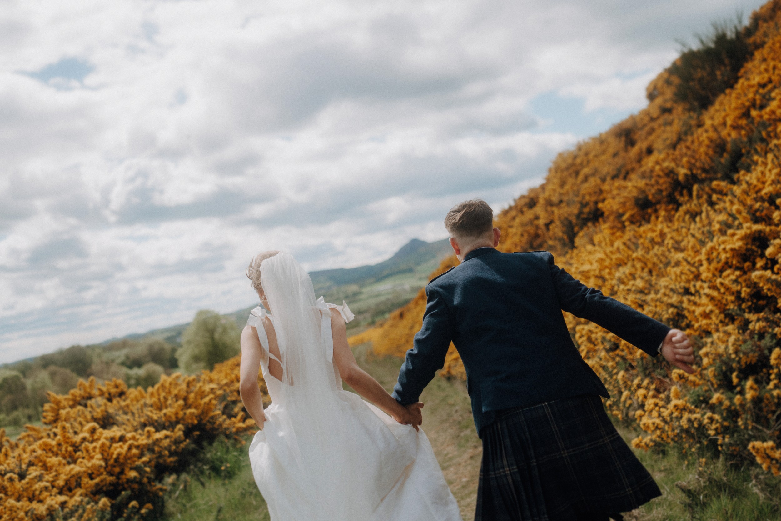 A bride and groom, seen from behind, hold hands while walking along a path surrounded by yellow flowering bushes under a cloudy sky.